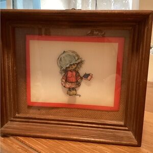 Framed Vintage Art “Big EyedGirl”Holding Flag MCM/Americana